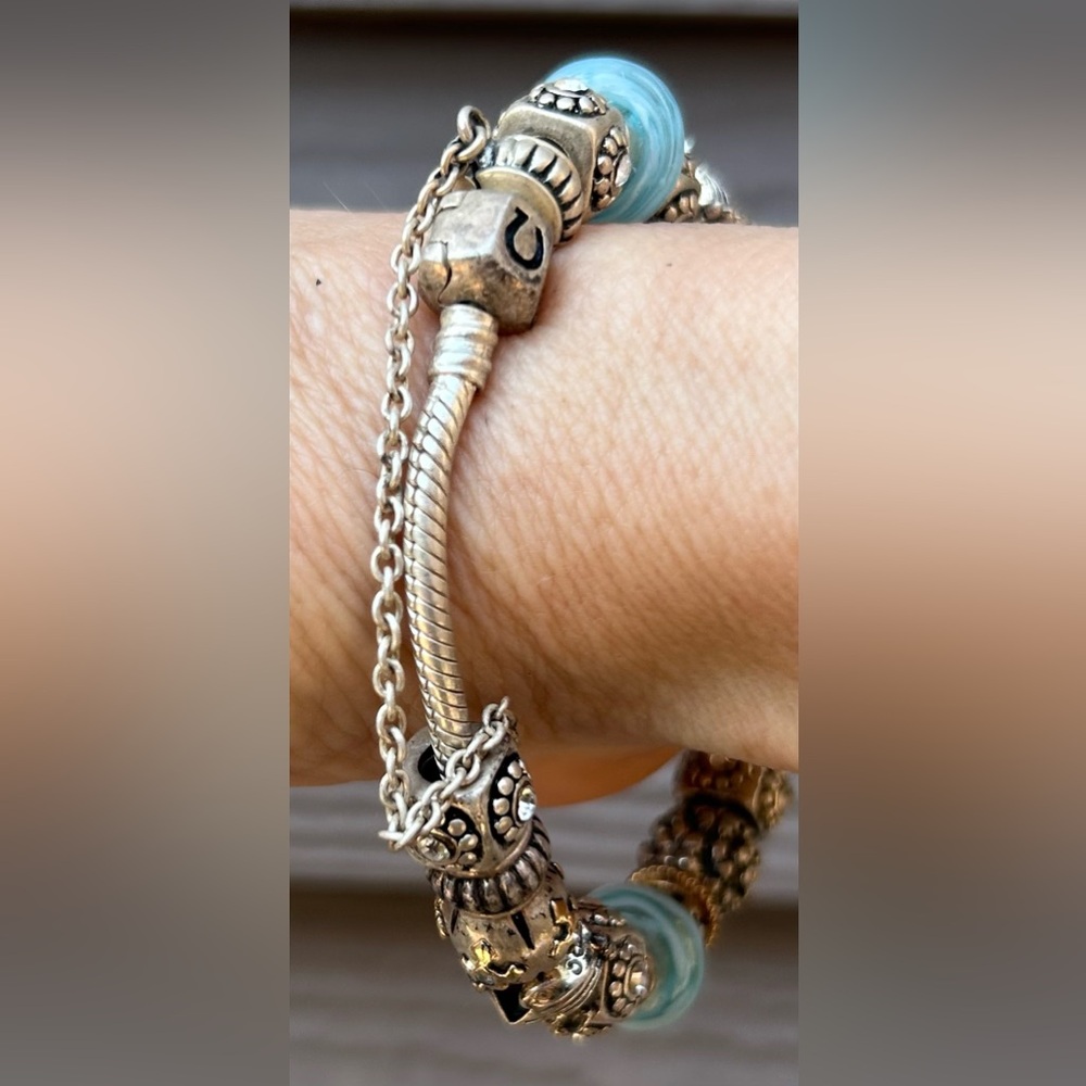 Pandora Sterling Bracelet with Light Blue Murano Beads - Picture 5 of 5